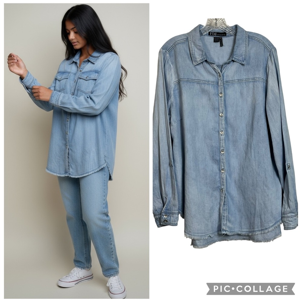 FDJ French Dressing Jeans Denim Button Down Shirt Frayed‎ Hem Linen Blend (3126)